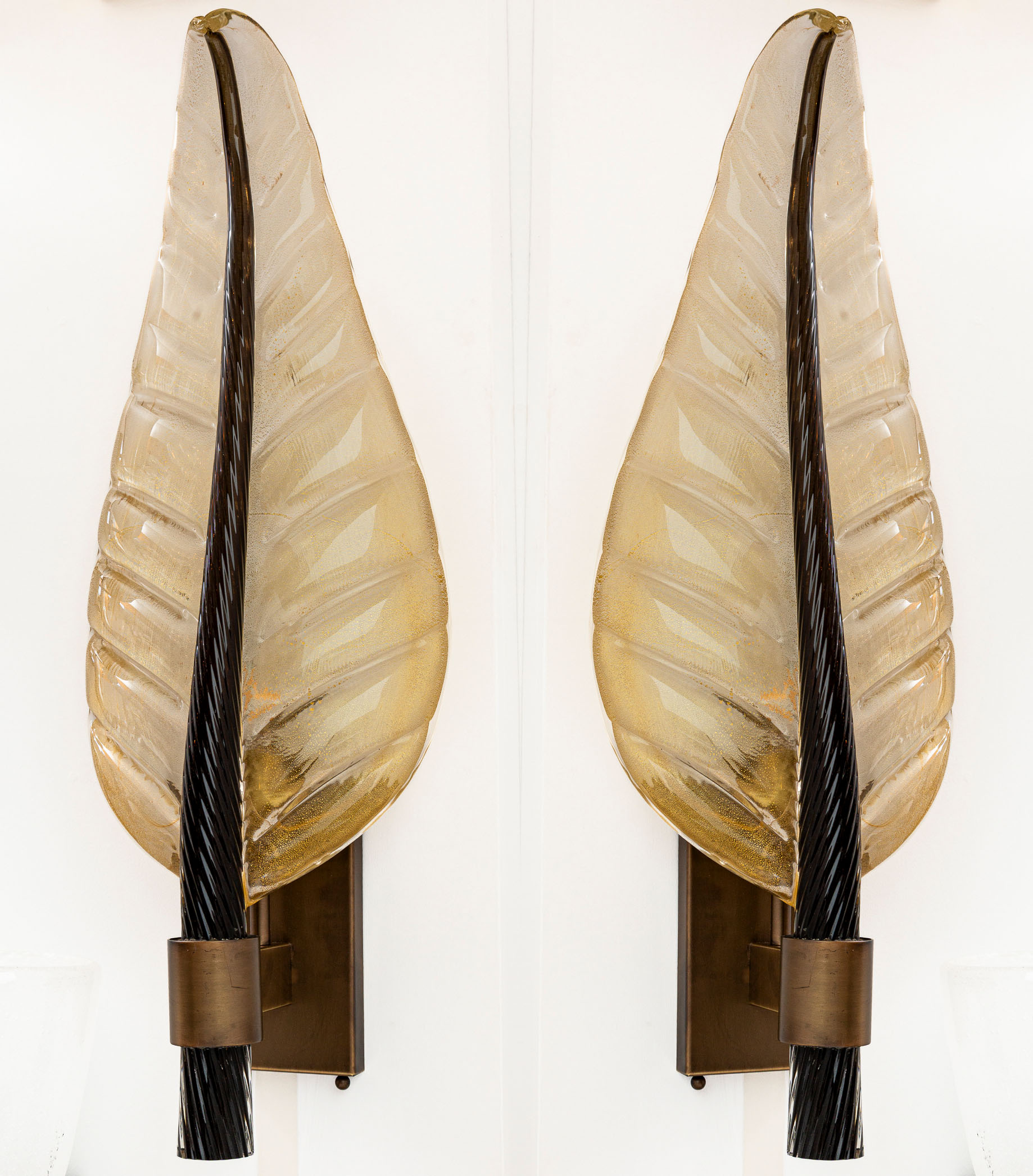Monumental Pair of Murano Gold & Black Leaf Wall Lights, UL Certified