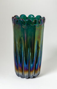 Vintage Italian Blown Iridescent Green Scalloped Vase, Attributed To Alfredo Barbini for VAMSA