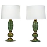 Pair Of Murano Blown Green & Gold Swirl Lamps, Contemporary
