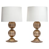 Pair of Murano Blown Crystal Gold Reeded 'Balonton' Lamps