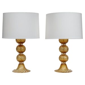 Pair Of Murano Blown Amber & Gold Swirl Lamps, Contemporary