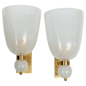 Very Large Pair of Murano Blown Pulegoso Oval-Shaped Brass Wall Lights, Contemporary