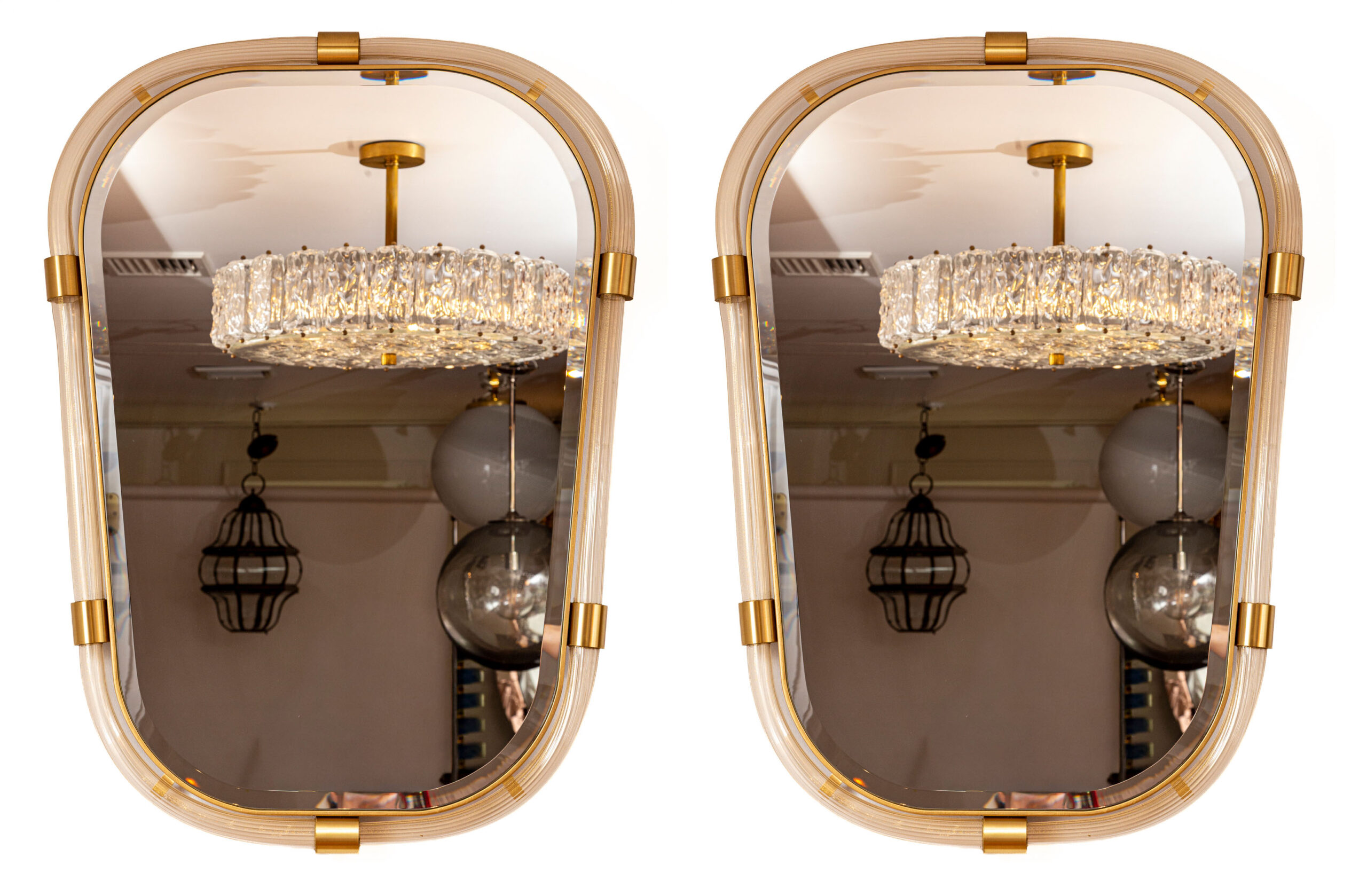 Pair Of Artisan Murano Blown Shield-Shaped Reeded Gold Glass Mirror, Contemporary