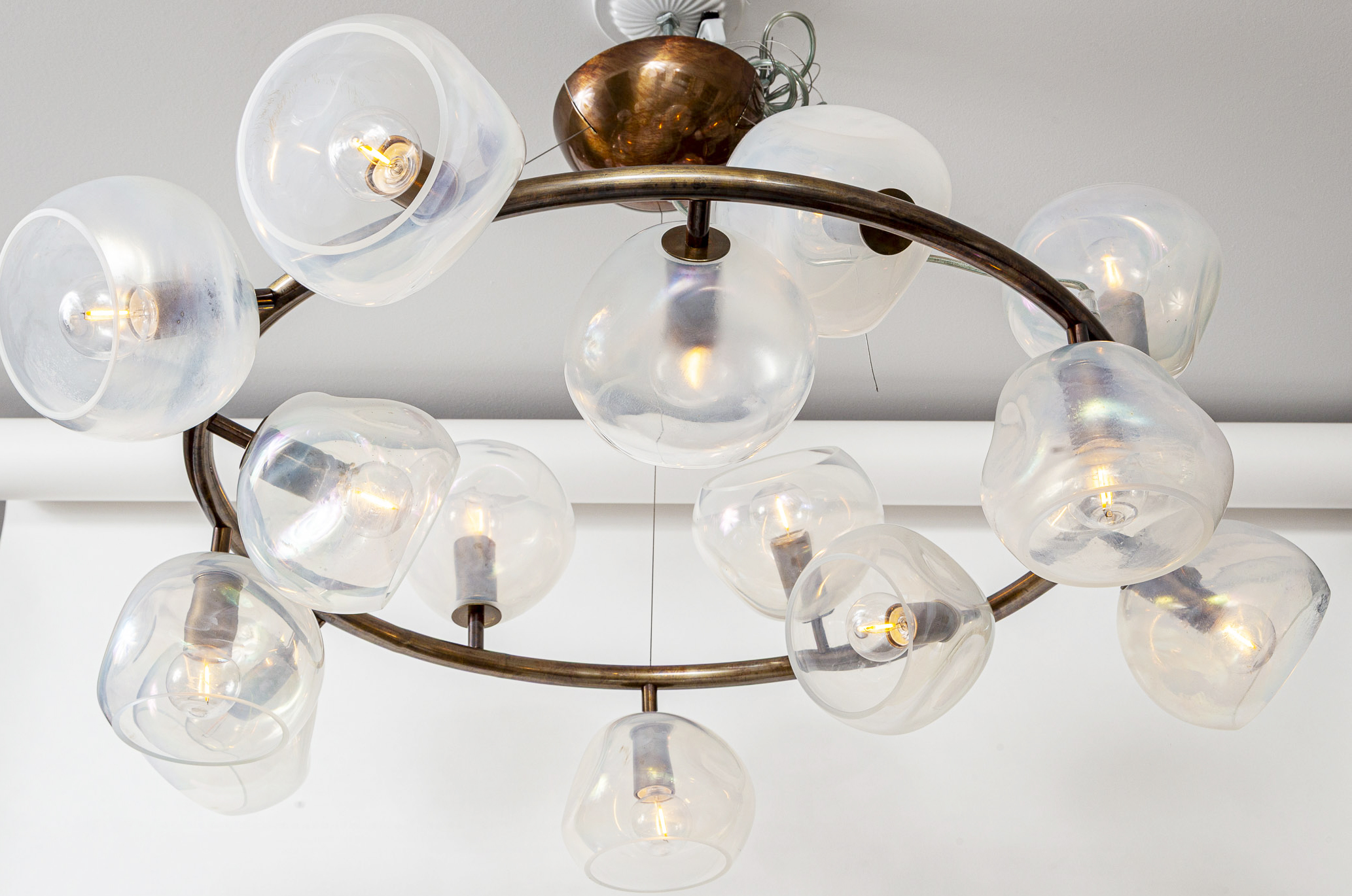 Italian Modernist Iridescent Clear Blown Glass Bronze Chandelier